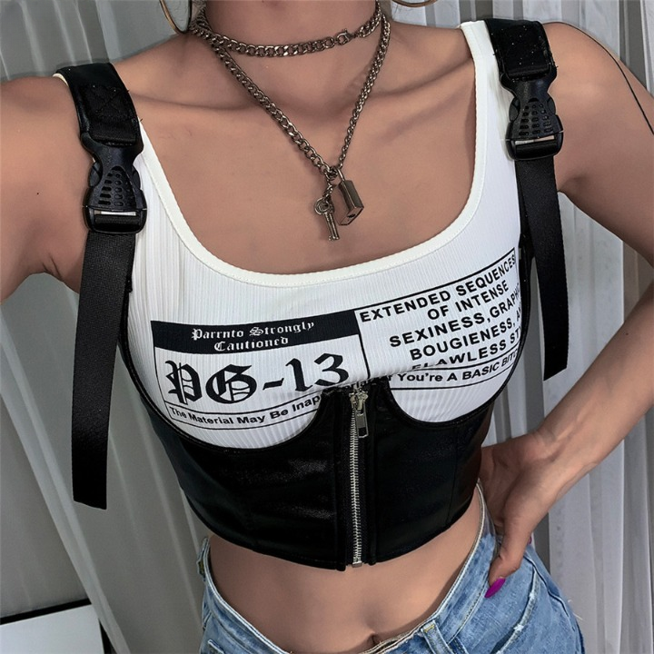 Black Basic Punk Cropped Tops